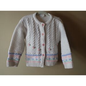 Vintage Girls Cardigan White Heart Button 80s Sweater Winter Flower 18 Months